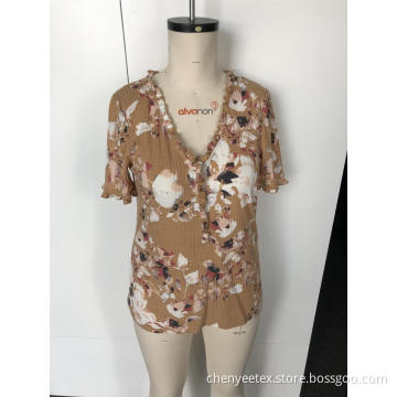V-neck floral short sleeve blouse